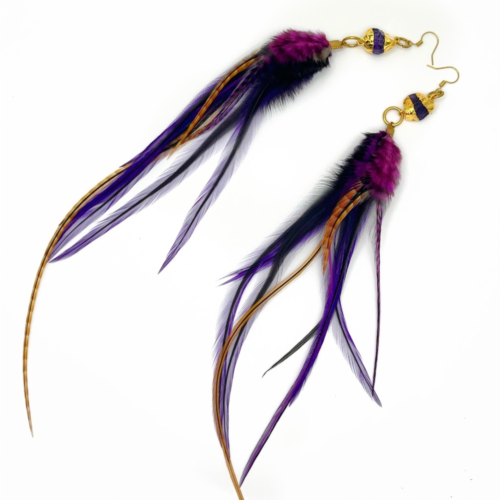 Extra long purple feather earrings with gold dipped amethyst gemstone crystals